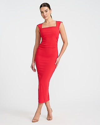 Express Women's Ribbed Knit Cap Sleeve Ruched Midi Dress in Red Small