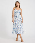 Express Women's Floral V-Neck Tie Front Smocked Ruffle Midi Dress in Blue