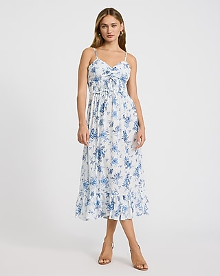 Express Women's Floral V-Neck Tie Front Smocked Ruffle Midi Dress in Blue Small
