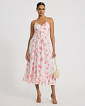 Express Women's Floral V-Neck Tie Front Smocked Ruffle Midi Dress in Pink Small