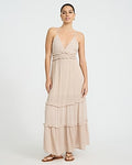 Express Women's V-Neck Sleeveless Tiered Ruffle Maxi Dress in Neutral Small
