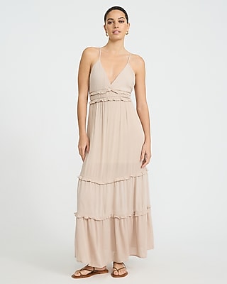 Express Women's V-Neck Sleeveless Tiered Ruffle Maxi Dress in Soft Beige