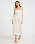 Express Women's Summer-Blend Linen Strapless Ruched Smocked Back Midi Dress With Pockets in Cream