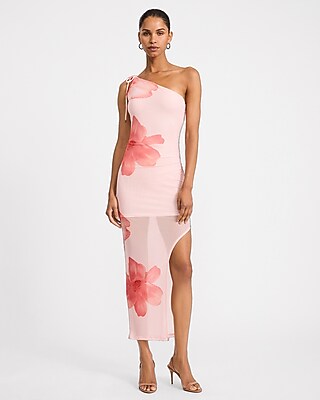 Express Women's Floral Mesh One Shoulder Tie Strap High-Low Midi Dress in Light Pink