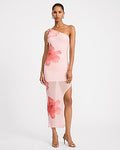 Express Women's Floral Mesh One Shoulder Tie Strap High-Low Midi Dress in Pink Small