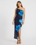 Express Women's Floral Mesh One Shoulder Tie Strap High-Low Midi Dress in Blue Small