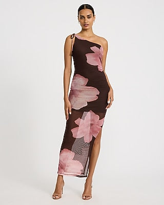 Express Women's Floral Mesh One Shoulder Tie Strap High-Low Midi Dress in Brown Small