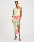 Express Women's Floral Mesh One Shoulder Tie Strap High-Low Midi Dress in Yellow Small