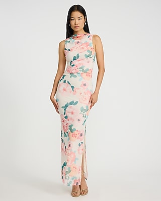 Express Women's Mesh Floral Ruched Maxi Dress in Pink Print
