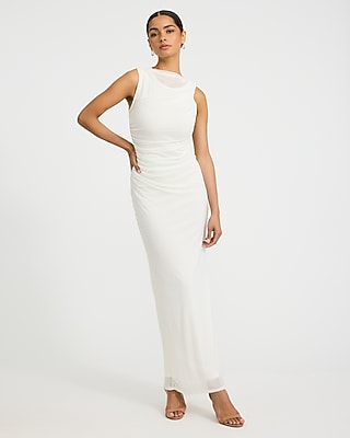 Express Women's Mesh Crew Neck Sleeveless Ruched Maxi Dress in White Small