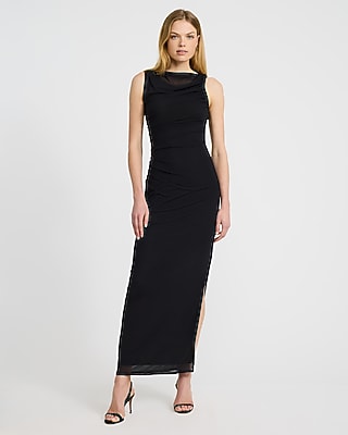 Express Women's Mesh Crew Neck Sleeveless Ruched Maxi Dress in Black Small