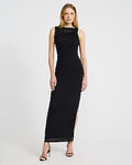 Express Women's Mesh Crew Neck Sleeveless Ruched Maxi Dress in Pitch Black