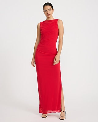 Express Women's Mesh Crew Neck Sleeveless Ruched Maxi Dress in Red Small