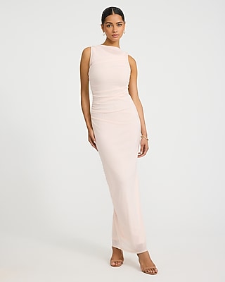 Express Women's Mesh Crew Neck Sleeveless Ruched Maxi Dress in Pink Small