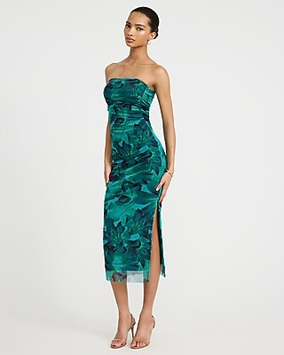 Express Women's Printed Mesh Strapless Ruched Midi Tube Dress Small