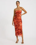Express Women's Printed Mesh Strapless Ruched Midi Tube Dress in Red Small