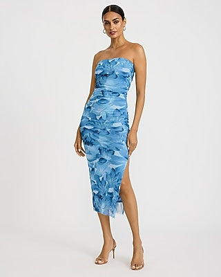 Express Women's Printed Mesh Strapless Ruched Midi Tube Dress in Blue Small