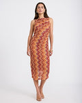 Express Women's Chevron Crochet Boat Neck Ruched Midi Dress in Orange Stripe