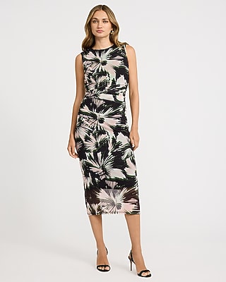Express Women's Printed Mesh Crew Neck Sleeveless Ruched Midi Dress Small