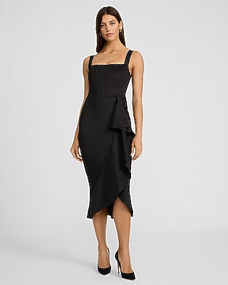 Express Women's Ruffle Square Neck Sleeveless Midi Dress in Pitch Black