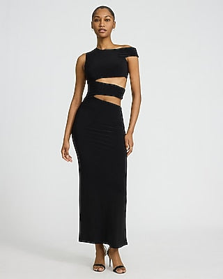 Express Women's Asymmetrical Off The Shoulder Cutout Maxi Dress in Pitch Black