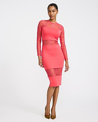 Express Women's Mesh Crew Neck Long Sleeve Cutout Midi Dress in Racing Red