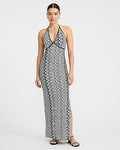 Express Women's Crochet Halter V-Neck Sleeveless Maxi Dress in B&w Print