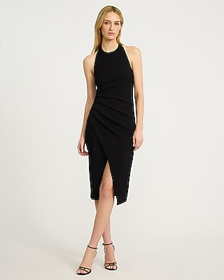 Express Women's Crepe Halter Sleeveless Pleated Wrap Midi Dress in Pitch Black