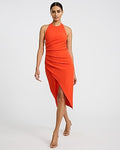 Express Women's Crepe Halter Sleeveless Pleated Wrap Midi Dress in Orange Small