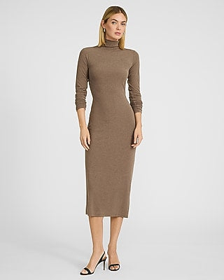 Express Women's Mock Neck Long Sleeve Knit Midi Dress in Mushroom