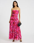 Express Women's Mesh Floral Strapless Ruched Drop Waist Maxi Dress in Pink Print