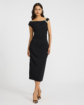 Express Women's Signature Ponte Asymmetrical Gold Hardware Ruched Midi Dress in Pitch Black