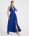 Express Women's Halter V-Neck Smocked Waist Cutout Knit Maxi Fit And Flare Dress in Blue Small