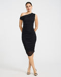 Express Women's Mesh Asymmetrical One Shoulder Ruched Midi Dress in Black Small