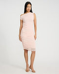 Express Women's Mesh Asymmetrical One Shoulder Ruched Midi Dress in Pink Small