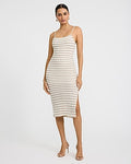 Express Women's Crochet Striped Square Neck Midi Dress in Neutral Small