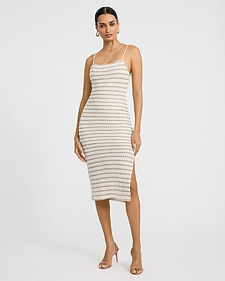 Express Women's Crochet Striped Square Neck Midi Dress in Neutral Small