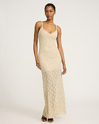 Express Women's Metallic Crochet V-Neck Sleeveless Maxi Dress in Beige