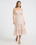 Express Women's Scoop Neck Button Front Smocked Back Tiered Midi Dress in Neutral Small
