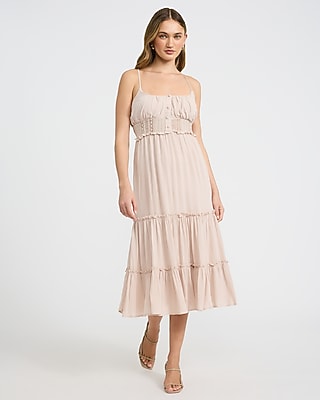 Express Women's Scoop Neck Button Front Smocked Back Tiered Midi Dress in Neutral Small
