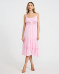 Express Women's Scoop Neck Button Front Smocked Back Tiered Midi Dress in Pink Small