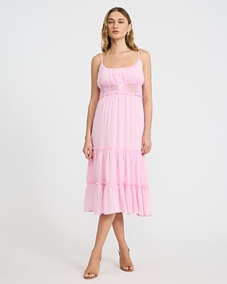 Express Women's Scoop Neck Button Front Smocked Back Tiered Midi Dress in Pink Small