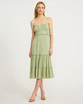 Express Women's Scoop Neck Button Front Smocked Back Tiered Midi Dress in Green Small