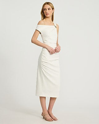 Express Women's Signature Ponte Asymmetrical One Shoulder Ruched Midi Dress in Ivory