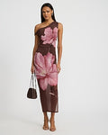 Express Women's Floral Mesh One Shoulder Twist Strap Maxi Dress in Brown Plaid