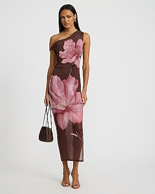 Express Women's Floral Mesh One Shoulder Twist Strap Maxi Dress Small