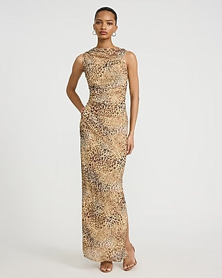 Express Women's Mesh Leopard Ruched Maxi Dress in Neutral Print