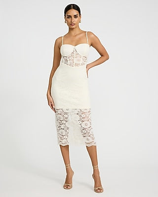 Women's Express X Bebe Lace Pieced Square Neck Corset Midi Dress in White Small