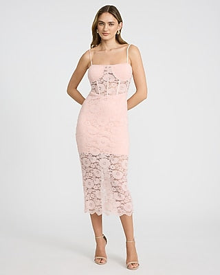 Women's Express X Bebe Lace Pieced Square Neck Corset Midi Dress in Pink Small