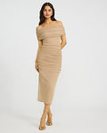 Express Women's Mesh Shine Off The Shoulder Ruched Midi Dress in Gold Small
